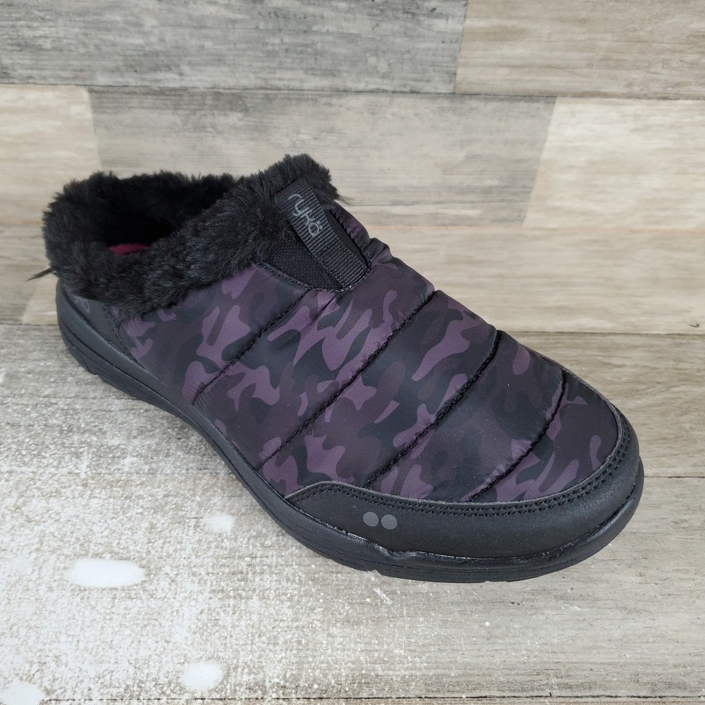 Ryka Anise Womens Loafer Sz 7 W Black Bean Camo Faux Fur Trim Comfort Slip On